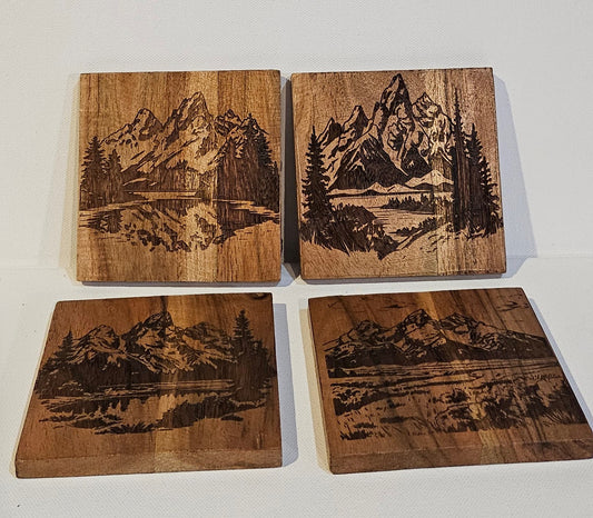 Grand Teton Coasters on Acacia Wood